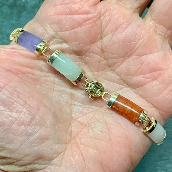 14K Gold Multicolor Jade Gemstone Bar Link Estate Vtg Tennis Bracelet J818 - Picture 8 of 9